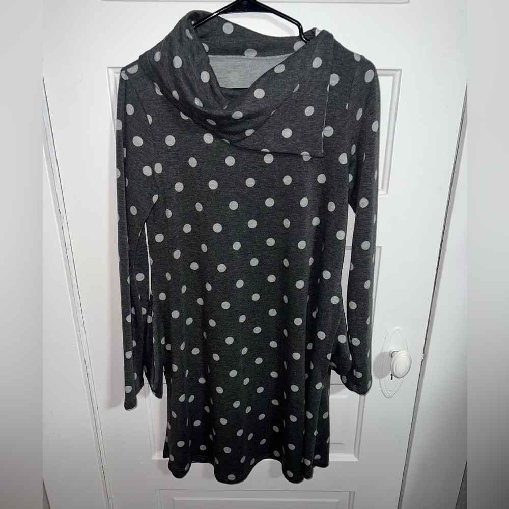 Grey polka dot sweater dress with asymmetrical neckline size Medium!